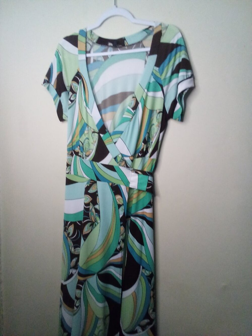 Lily Wrap Dress Women L Short Sleeve V-Neck Pattern Green Blue